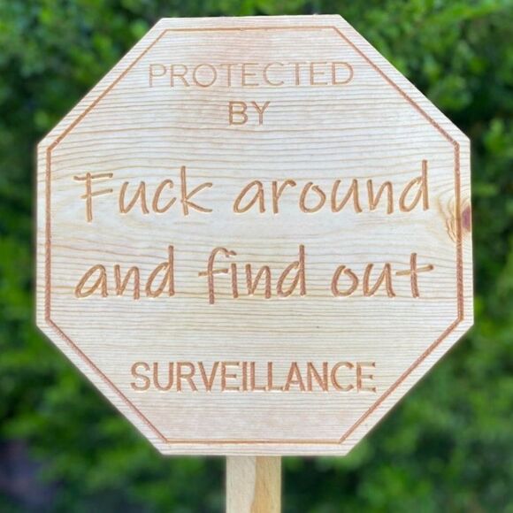 Handcrafted Wooden F••k Around and Find Out Surveillance Yard Sign - Picture 2 of 9